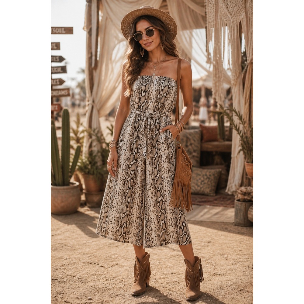 Boho Festival Vacation Strapless Snakeskin Wide Leg Jumpsuit Belted M Romper